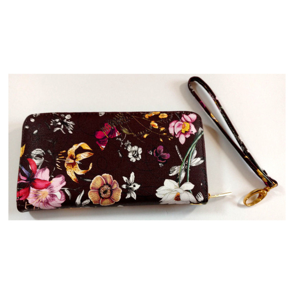 Wallet Womens Clutch Zip Up Wristlet Maroon Floral - Picture 2 of 5
